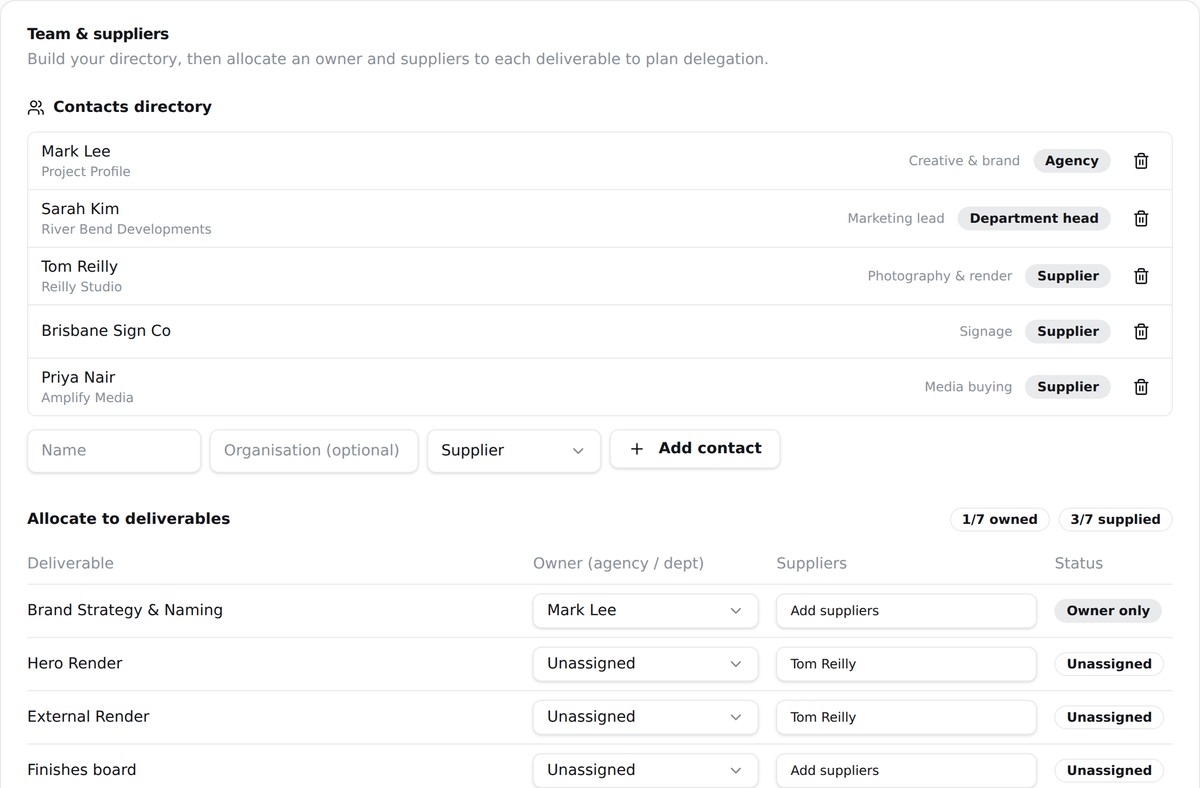 River Bend contacts directory with contractors allocated to each deliverable